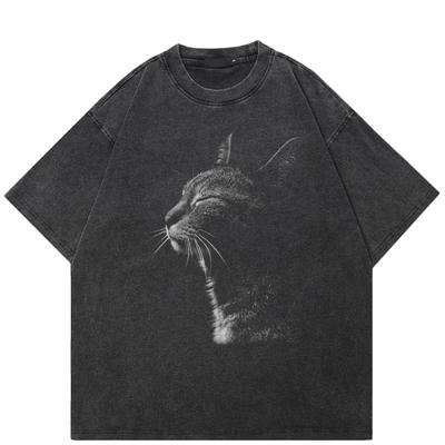 Streetwear Γραφικό T-Shirt με Γάτα Βαμβακερό Πλυμένο Μαύρο T-shirt Unisex Τοπ Μπλουζάκια Καλοκαιρινό Κοντομάνικο T-shirt