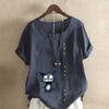 Women's Fashion Blue Cat Prined Short Sleeve T-shirt Loose Cotton Shirt Casual Loose Summer Blouse Tops Plus Size