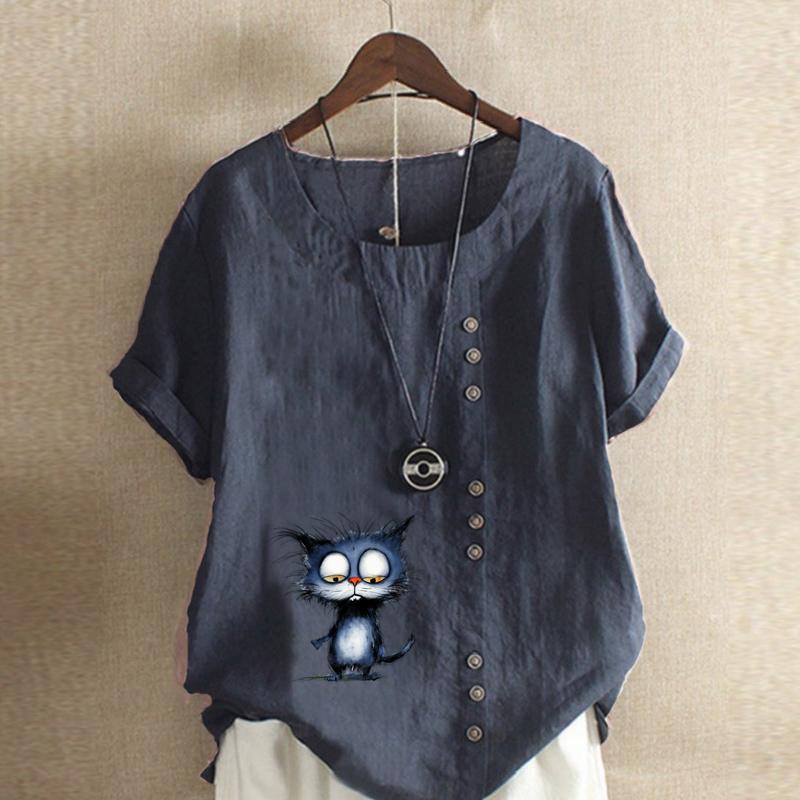 Women's Fashion Blue Cat Prined Short Sleeve T-shirt Loose Cotton Shirt Casual Loose Summer Blouse Tops Plus Size