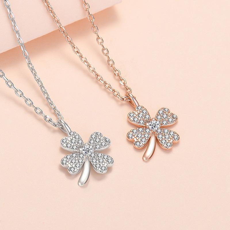 Four-leaf clover necklace, women's tide lucky grass, zircon pendant, collarbone chain jewelry.
