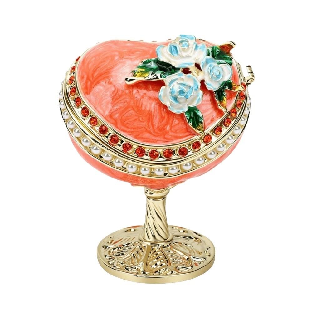Hinged Lid Heart Trinket Box Alloy Enamel Ring Holder Box Vanity Dresser Display