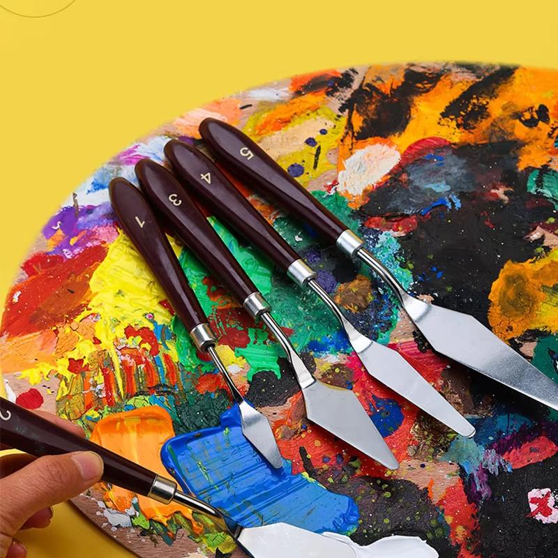 7-Piece Artist Palette Knife Set - Stainless Steel & Wood Watercolor Oil Painting Scrapers, Gouache Pigment Mixing Hand Tools
