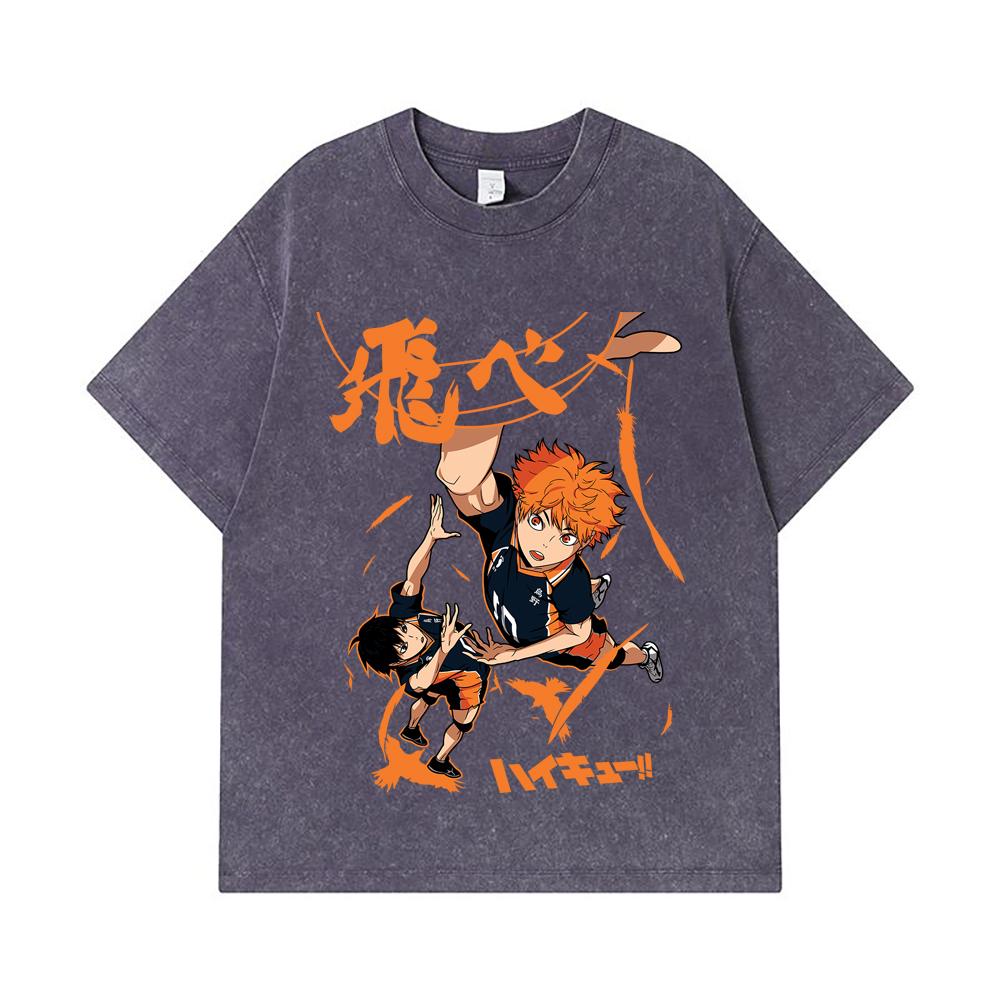 275 GSM Washed T-shirts 100% Cotton Haikyuu V10 Hinata Tobio Print Unisex Heavy Cotton T Shirt