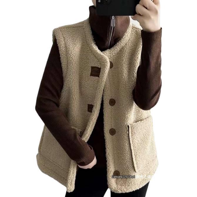 Women's Reversible Lamb Wool Vest - Retro Double-Sided Fleece, Brown, Autumn/Winter Hong Kong Style