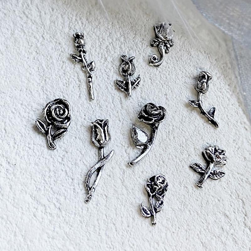 10Pcs 3D Rose Nail Art Ornament Alloy Nail Art Charms Diy Craft For Nail Decoration Silver Retro Flower Nail Charm Jewelry Salon