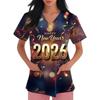 Women's Fashion Printed Short Sleeve V Neck Pattern Tops Pocket Working T-shirts
