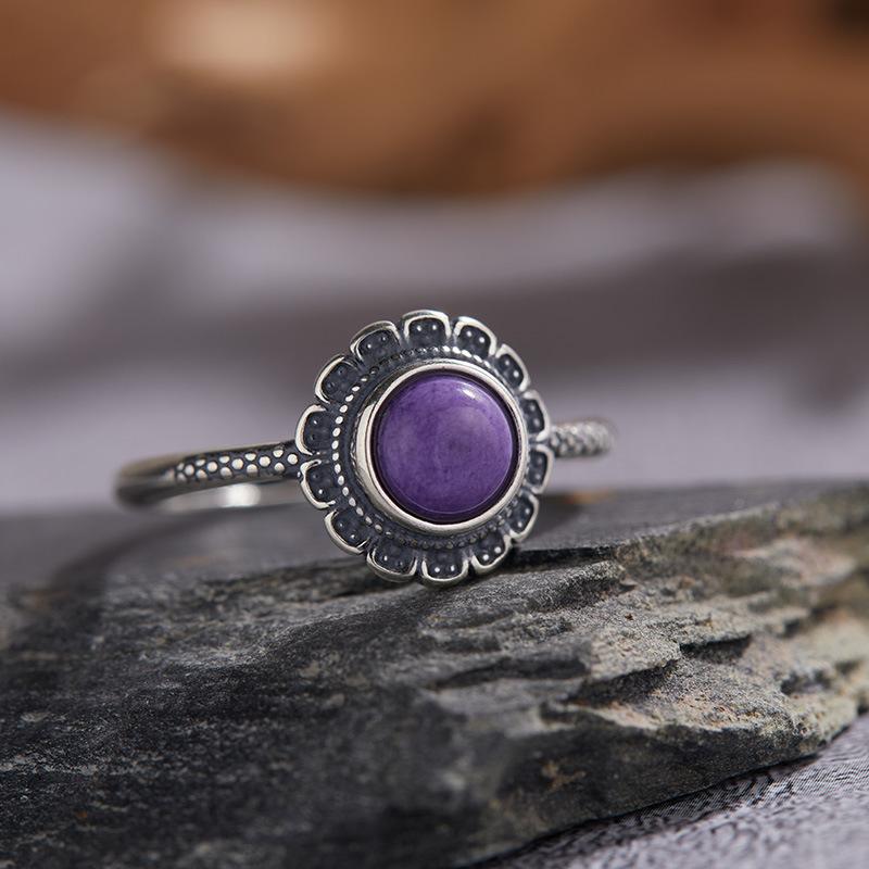 S925 Sterling Silver Natural Red And Green Agate Purple Dragon Crystal Sea Blue Treasure Color Treasure Thai Silver Ring Ethnic Style Pattern