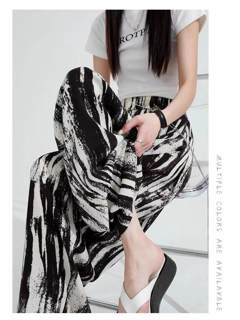 Damen Sommer High-Waist Batik Weitbein Drapierhose - Eisseide, Lockere Passform, Leicht