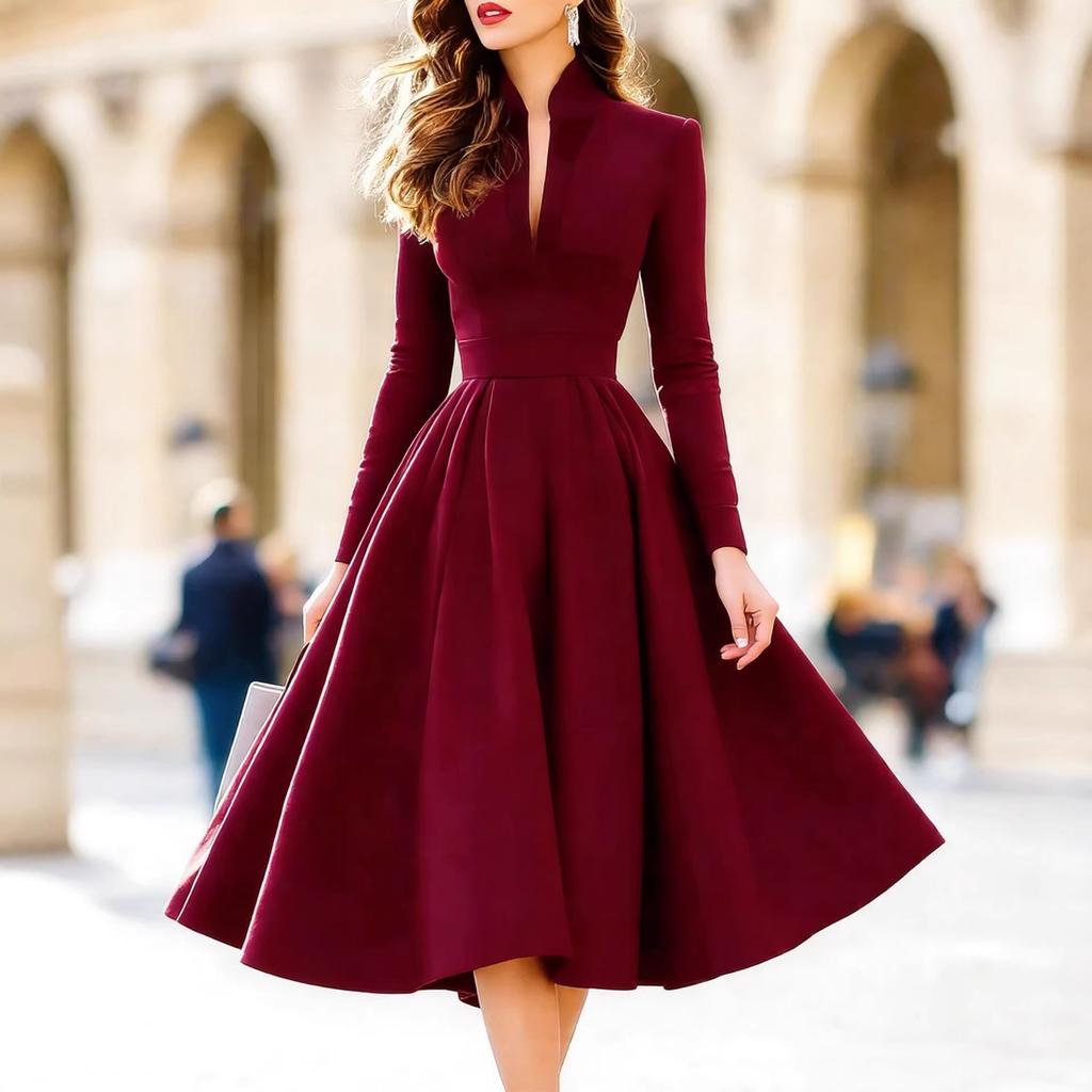 European and American women's clothing 2026 spring and summer fashion temperament V-neck lace-up waist satin long-sleeved dress