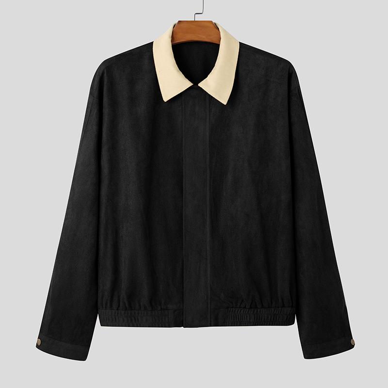 

INCERUN Men Stitching Long Sleeve Zipper Up Suede Jackets Motorcycle Style Coats M чёрный