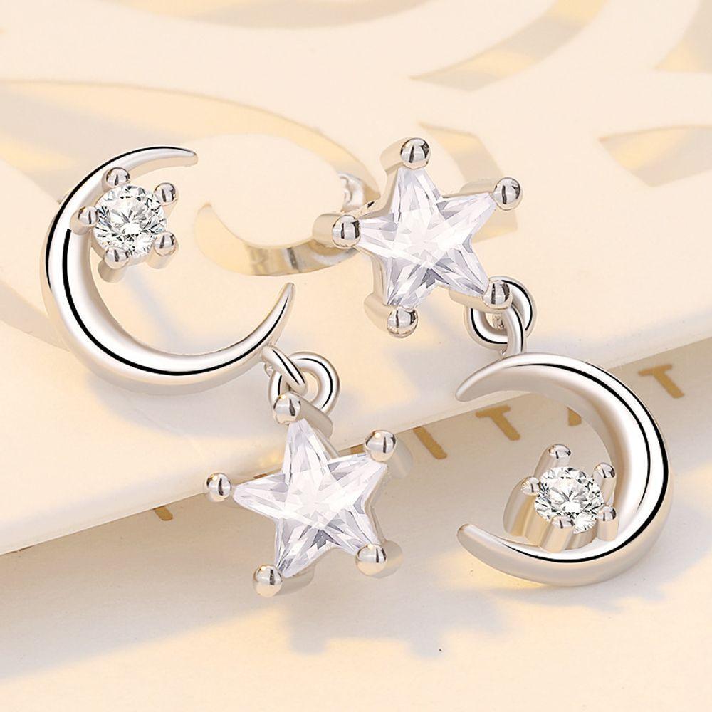 Unbalanced S925 Aaa Grade Star Moon White Silver Needle Earrings