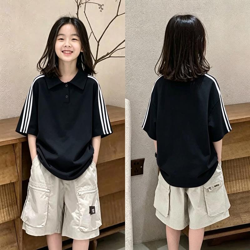 Girls' Stylish Color Block Polo T-Shirt - Summer Short-Sleeve, Loose Fit with Striped Lapel, Medium to Large Sizes