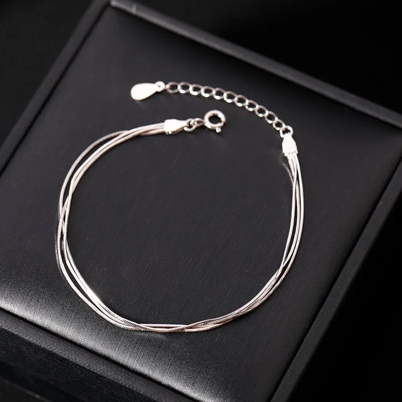 925 Silver Multi Layer Coil Bracelets for Women Girls Simple Design Snake Chain Bangles Fashion Party Jewelry Gifts