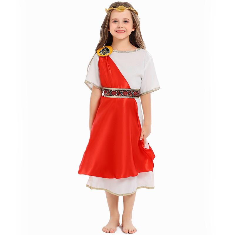 Greek Goddess Costume Kids Roman Style Halloween Party Dress With Laurel Wreath Headband Stage Performance Outfit