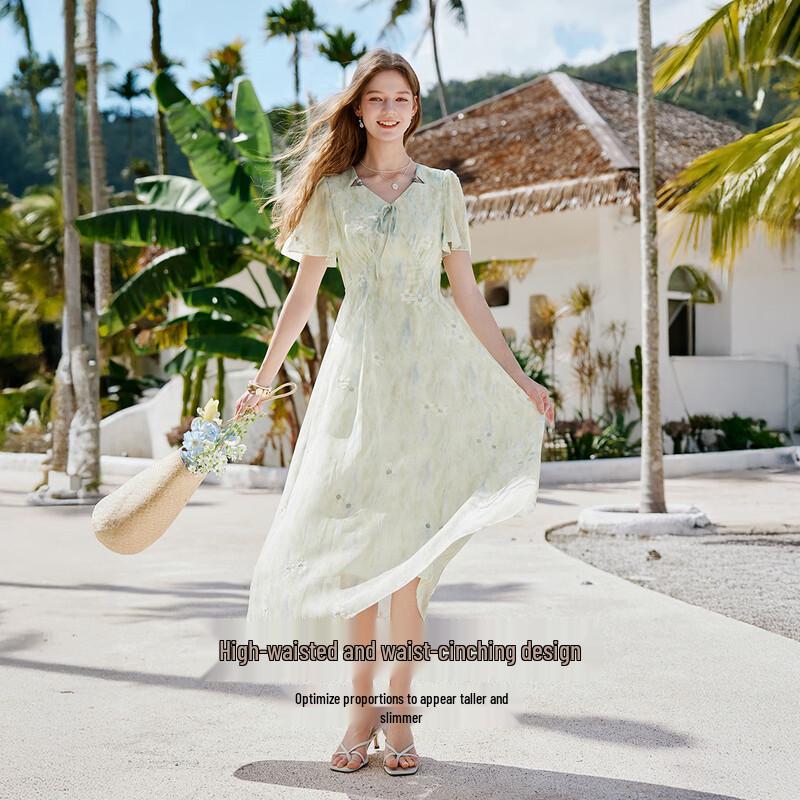 Women's Gradient Tie-Dye Ruffle Sleeve V-Neck Midi Dress
