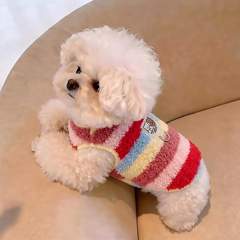 Dog fleece clothes autumn and winter rainbow candy striped than bear cat teddy small dog warm pet vest