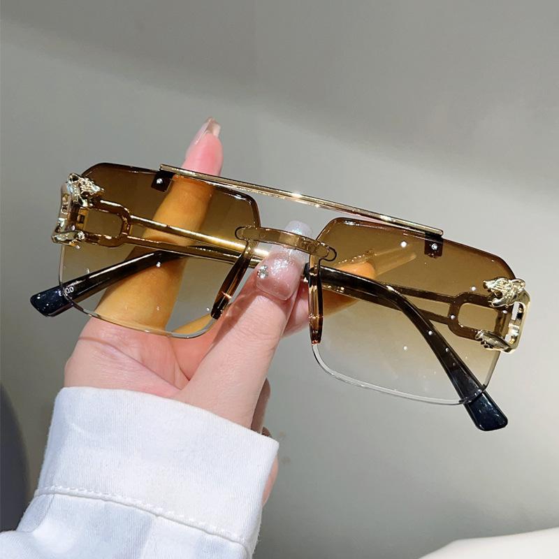 Men'S Handsome Fashion Leopard Head Trimmed Frameless Ocean Sheet Sunglasses Light Luxury Double Beam Driving Sunscreen Sunglasses