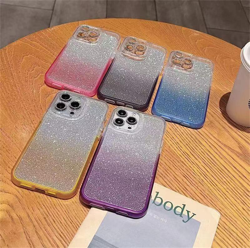 Luxury Gradient Color Glitter Paper 2-in-1 Case for iPhone 15 Pro Max 14 13 12 Pro 11 Full Cover with Glitter Lens Film Cover