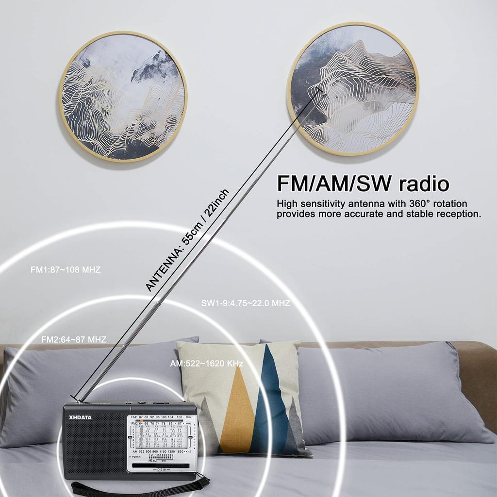 XHDATA D219 Portable Shortwave Wide FM Pocket AA Battery Emergency Easy Horizontal Japanese Instruction Manual Gray Radio, Compact, FM, AM, SW,