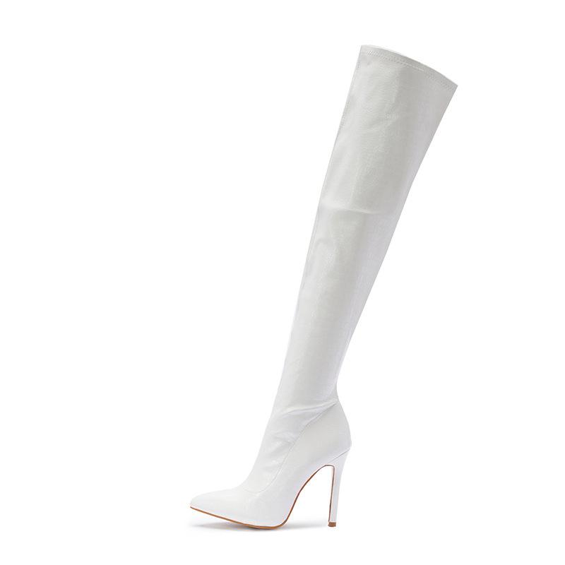 Maogu Sexy Open Toe Stripper Heels White Booties Fashion Motorcycle Shoes Women Pumps Leather Thigh High Over The Knee Boots 42
