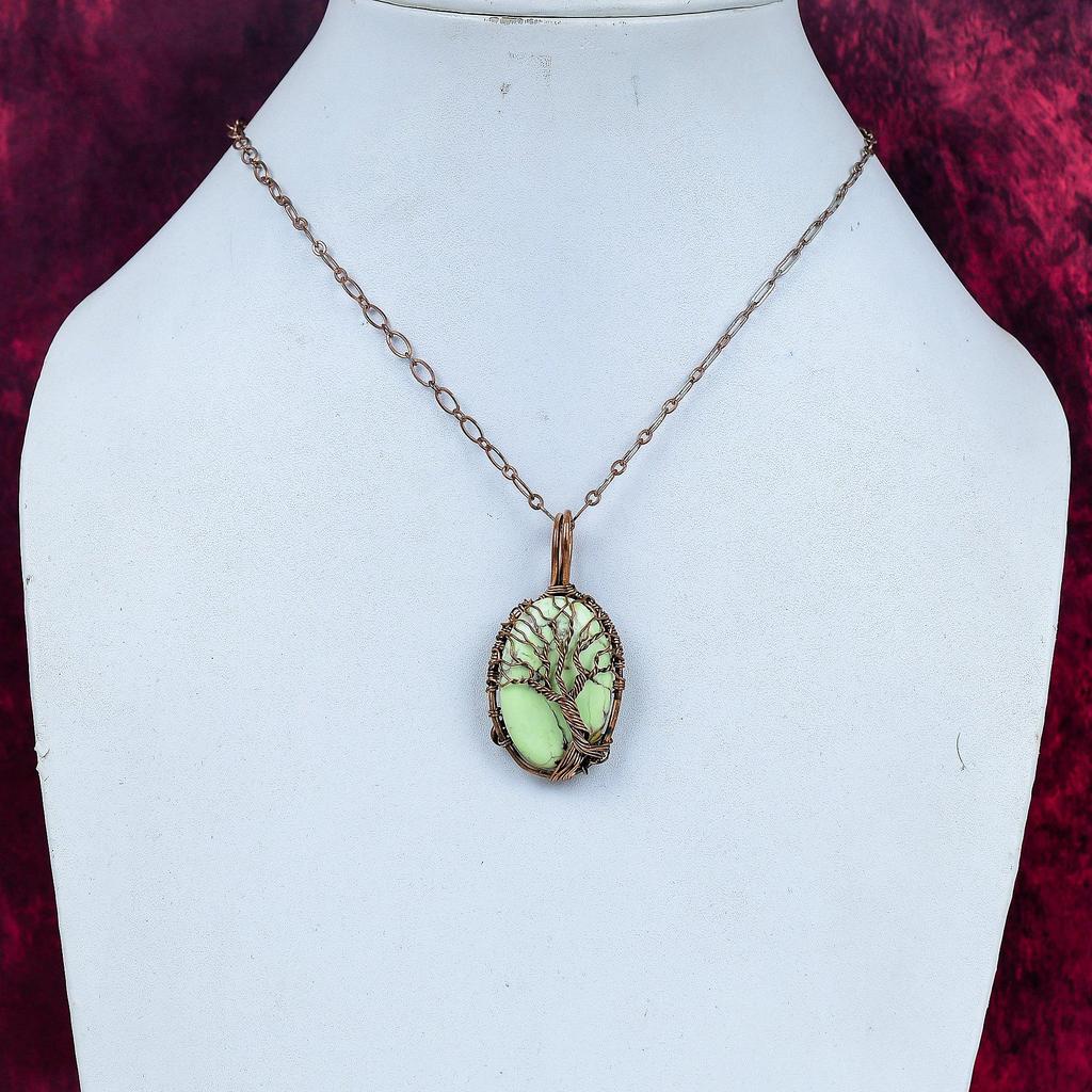 Tree Of Life Lemon Chrysoprase Pendant Gemstone Copper Wire Wrapped Pendant