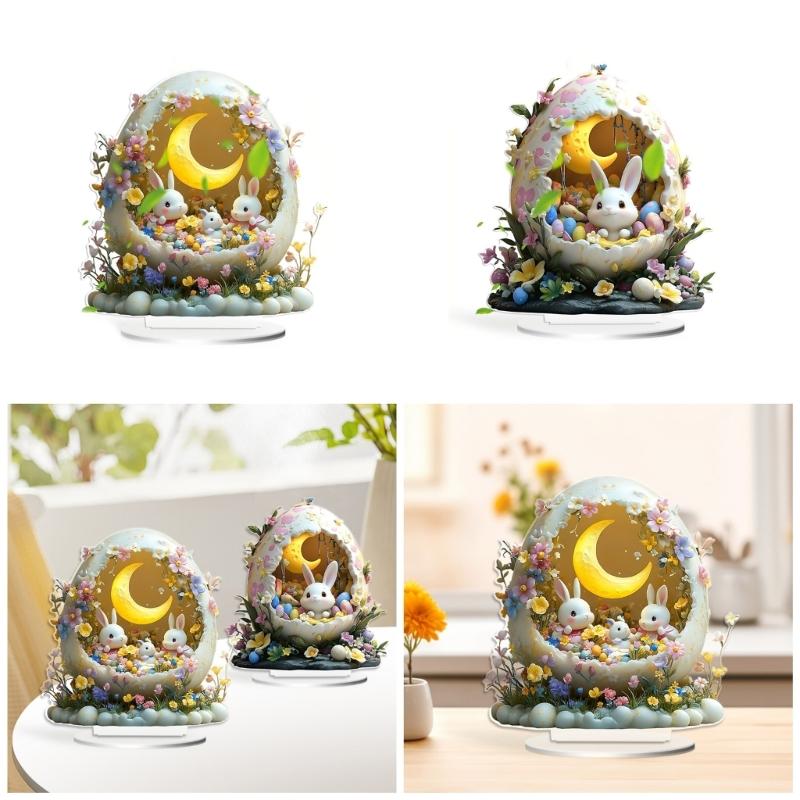 2D Holiday Table top Decoration Acrylic Ornament Features Lovely Rabbit Eggs for Festive Home and Office Display