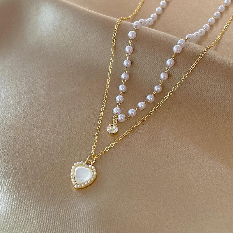 Elegant Double-Layer Pearl Necklace with Heart Zirconia Pendant for Women - Trendy Clavicle Chain