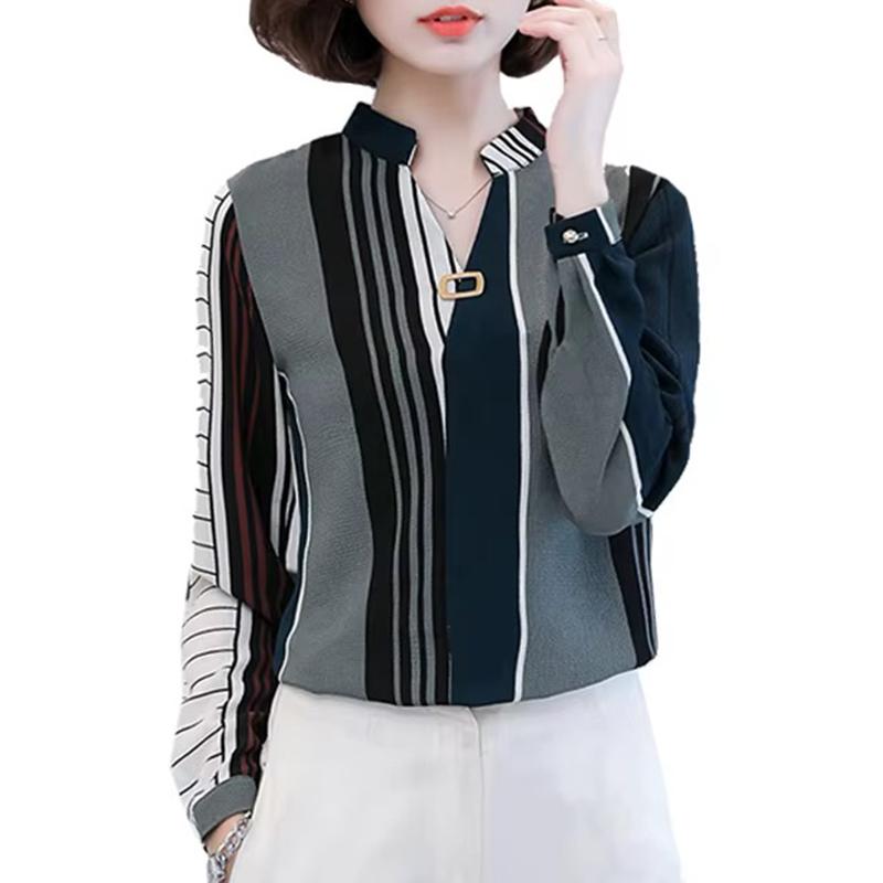 Spring Fashion Long Sleeve Women Blouses Elegant Printing Striped V-neck Casual Shirts for Women Fashion Thin Slim Office Lady Shirt Tops 875B