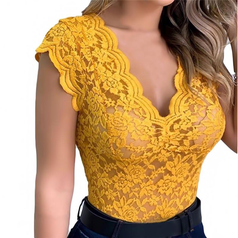 Summer New V-neck Hollow Out Sexy Women Blouses Vintage Tight Solid Pullover Lace Shirt Women Clothing Slim Fit Elegant Fashion Lady Blouse Tops 26360