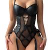 Women’s Sexy Jumpsuit Erotic One-Piece Lingerie, European and American Style PU and Mesh Sheer Bodysuit