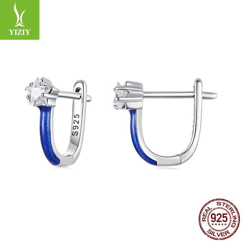S925 Sterling Silver Blue Star Ear Buckle Women'S Pop Shining Pentagram Earrings Earrings