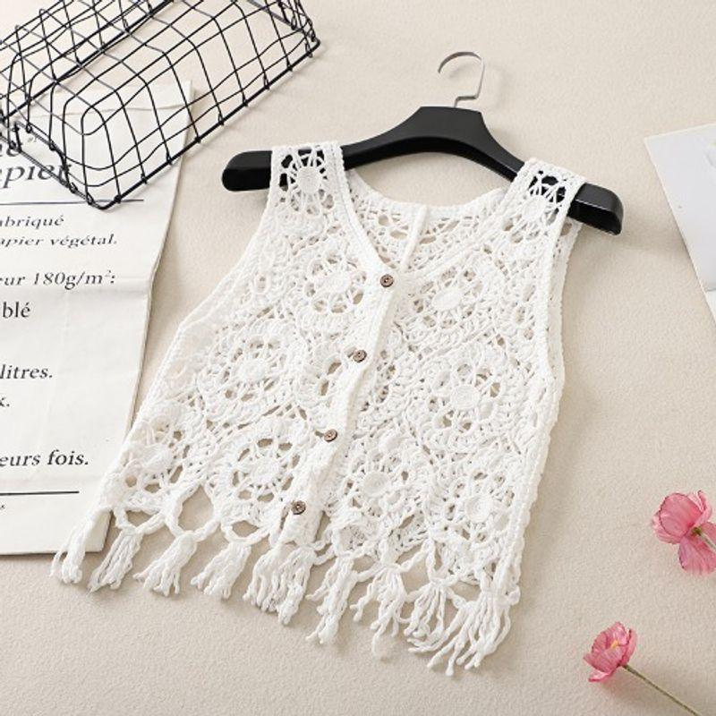 Korean Style Summer New V-neck Small Crochet Hollow Tassel Vest Knit Vest Waistcoat Short Cardigan Women
