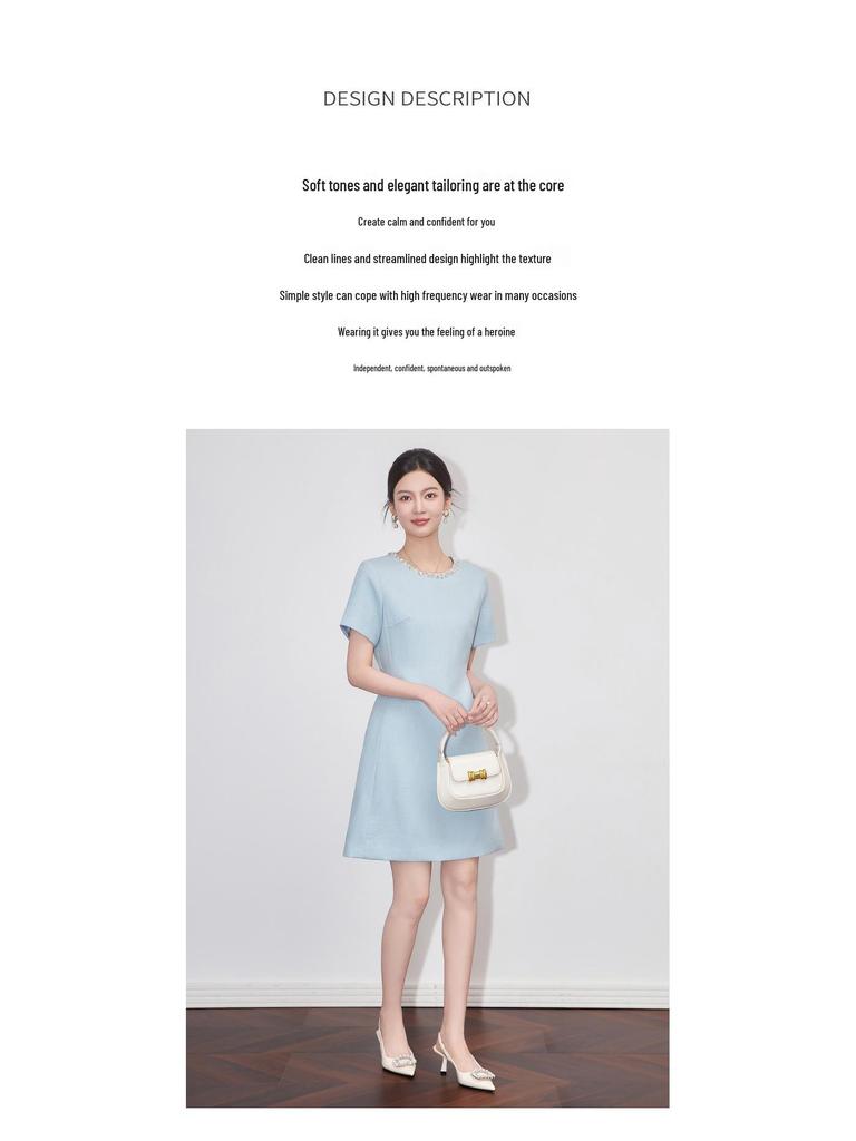 Diamond-Embellished Waist-Defining Linen Blend Dress - French Chic Women's Summer Style