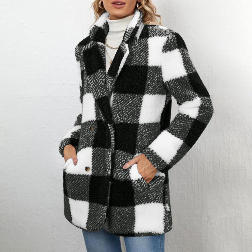 Mote Rutete Frakk med Revers for Kvinner, Langermet Jakke med Knapper, Plysj Varm Jakke med Lommer