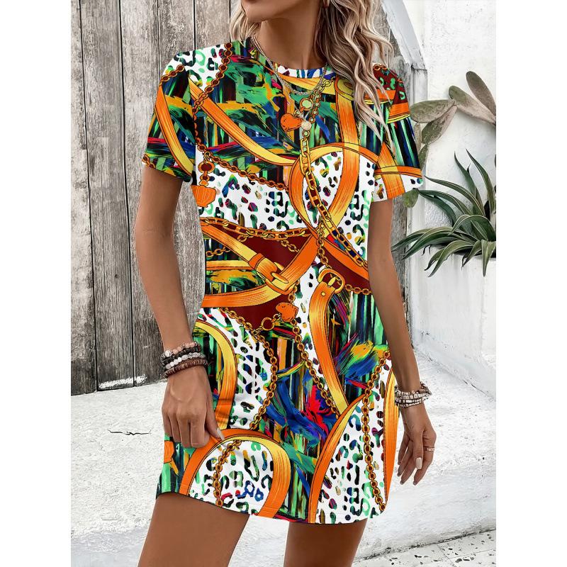 Europe, America 2026 summer new printing abstract pattern color chain design short-sleeved dress