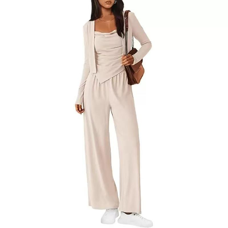 Women S Casual Lazy Design Three Piece Set Coat Strap Pants