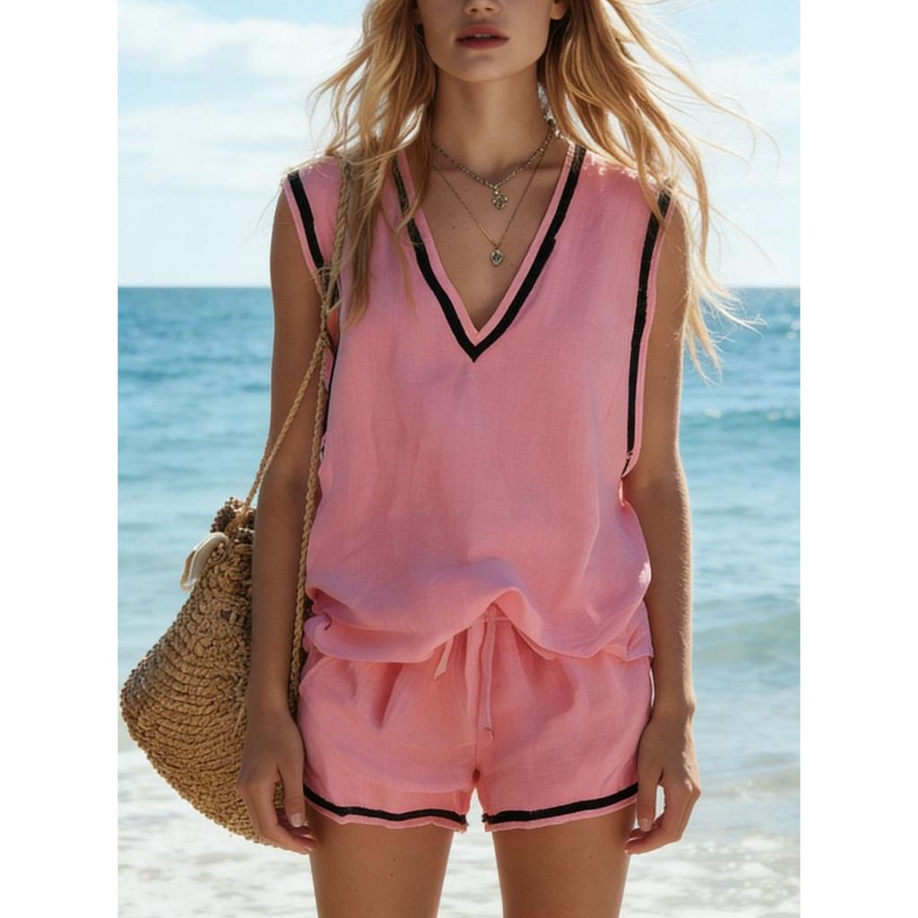 Women's Loose Fit Two-Piece Outfit Set Sleeveless V Neck Tank Top High Waist Shorts