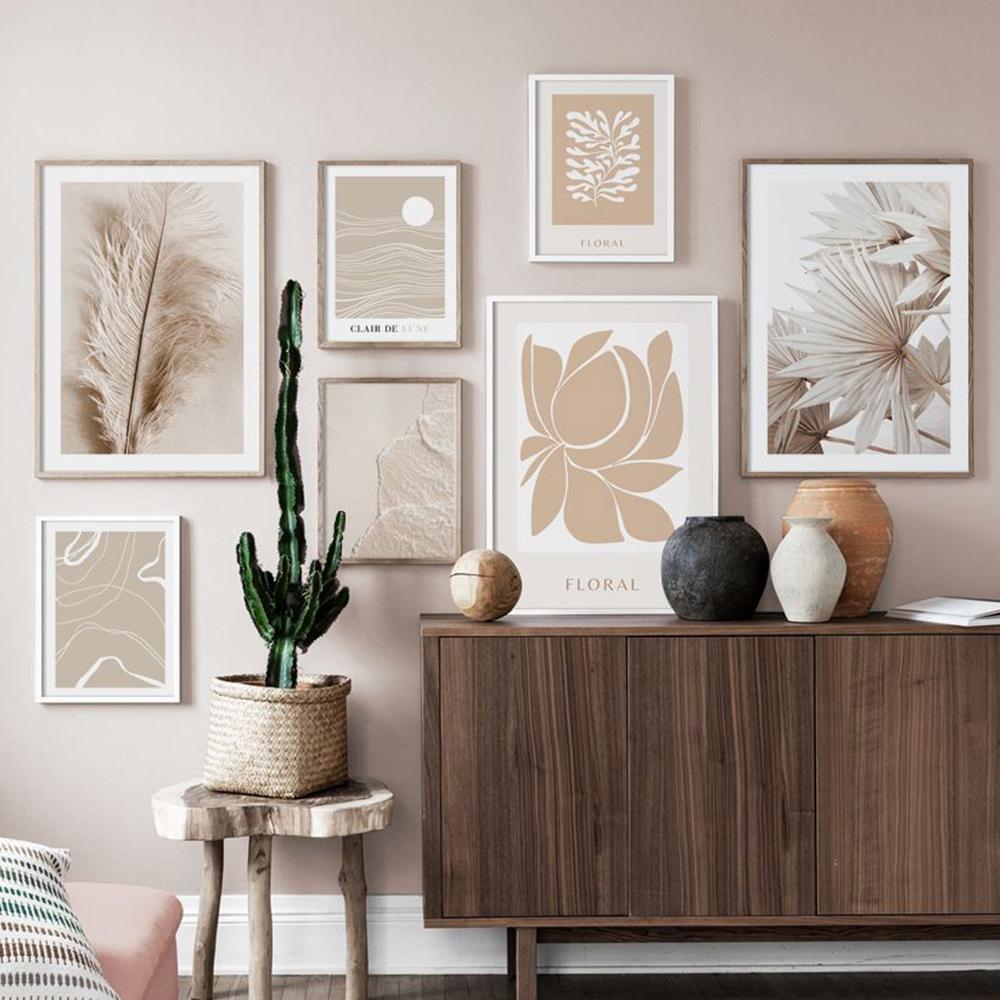 Beige Wall Poster and Prints Natural Scenery Canvas Painting Reed Palm Floral Soft Feather Line Wall Art Picture for Living Room