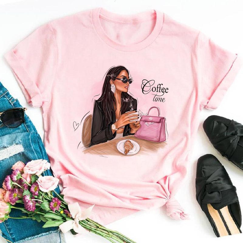 Summer Fashion Coffee Girl Urban Base Shirt Round Neck Pure Cotton Short Sleeved Women's T-Shirts Women’s