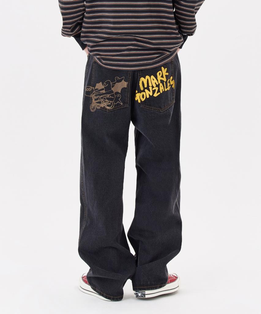 MARK GONZALES Back Pocket Graphic Oversized Denim Pants - Black