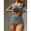 Drawstring Front Shorts Bikinis 2025 High Waist Swimsuit Women Swimwear Female Bathers Bathing Swimming Swim Suit Beachwear