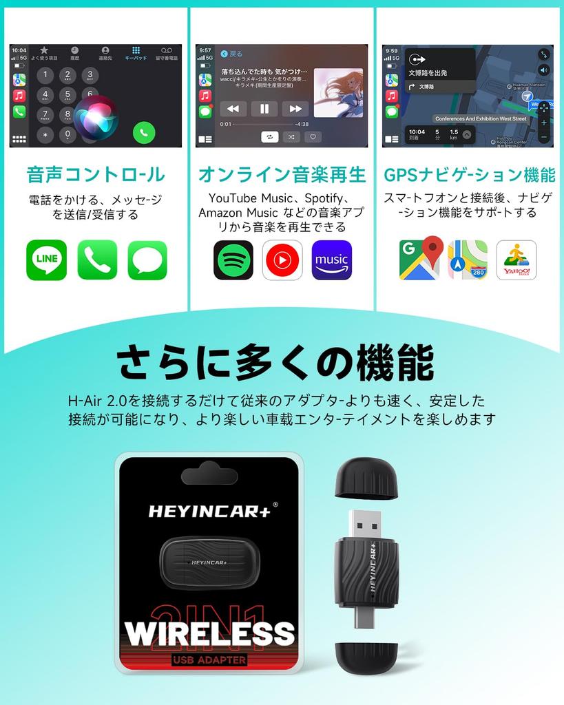 HEYINCAR+ Wireless Adapter with Double-Sided Head Design, Wireless CarPlay/Android Auto Adapter, Wireless CarPlay &