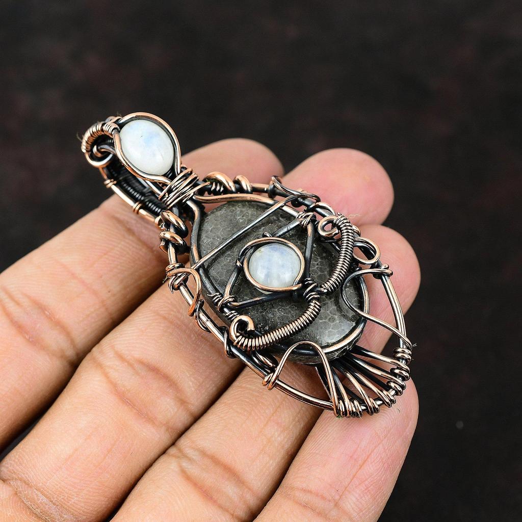 Evil Eye Stingray Coral Copper Wire Wrapped Gemstone Pendant Copper Wire Wrap Jewelry Moonstone Evil Eye Pendant Handmade Women Pendant Gift