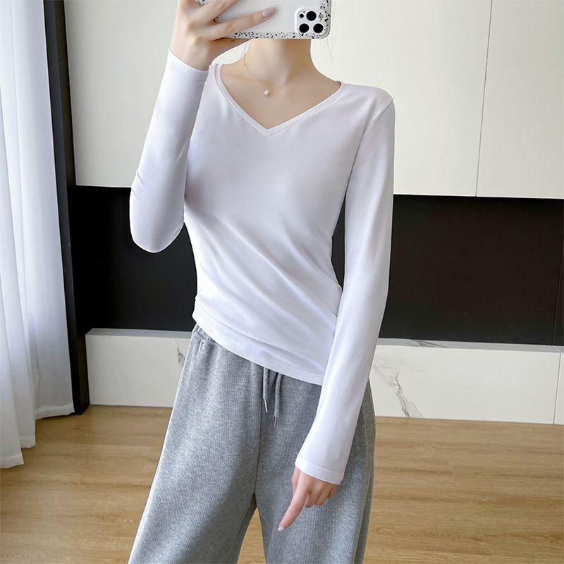 

V-образный вырез Корейская версия Новая весенне-осенняя внутренняя майка Хлопковая облегающая майка с V-образным вырезом Женские лонгсливы S белый