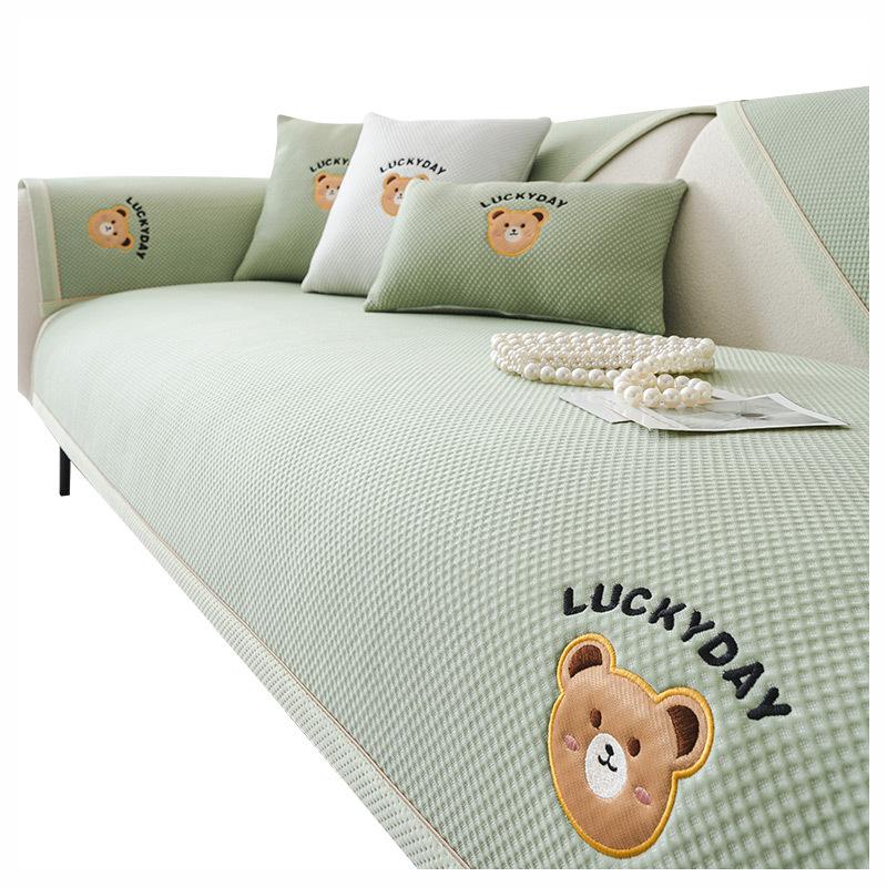 Simple Cartoon Bear Sofa Cushion Summer Seat Cushion Backrest Towel Non-Slip Wear-Resistant Sofa Cover Towel