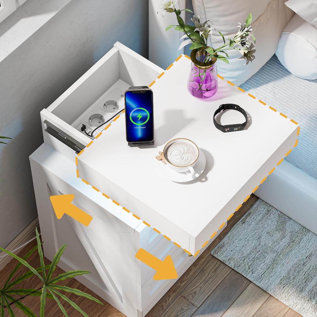 Bedside table, three drawers, with charging station, 2 AC power outlets/2 USB ports, European standard plug, white.