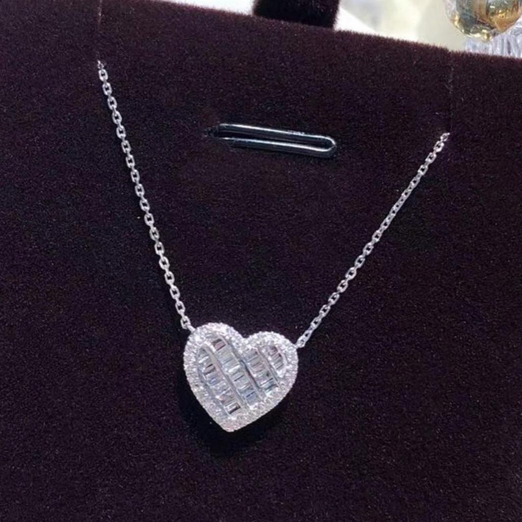Hollow Heart Mixed Baguette and Round Stone Halo Pendant Women Cable Chain Clavicle Necklace