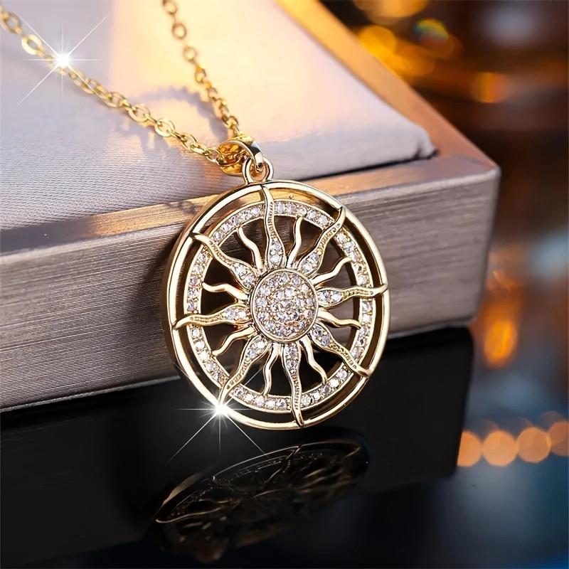 

[Titanium Steel] Cross-border fashion commuting diamond white sunflower circular necklace dress multi-purpose design Clear&45cm