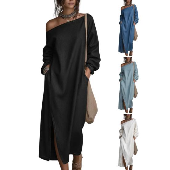 Women's One Shoulder Long Sleeve Maxi Dress, Casual Cotton Linen Long Tunic Dress, Side Slit Summer Loose Dress with Pockets