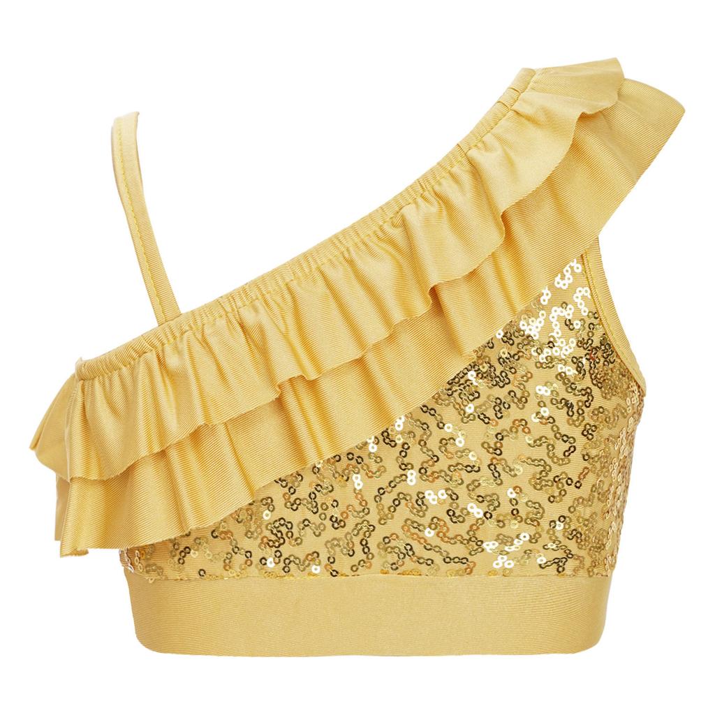 Girls Sequin Ruffle Detail Asymmetrical Straps Sleeveless Top Elastic Band Performance Crop Top